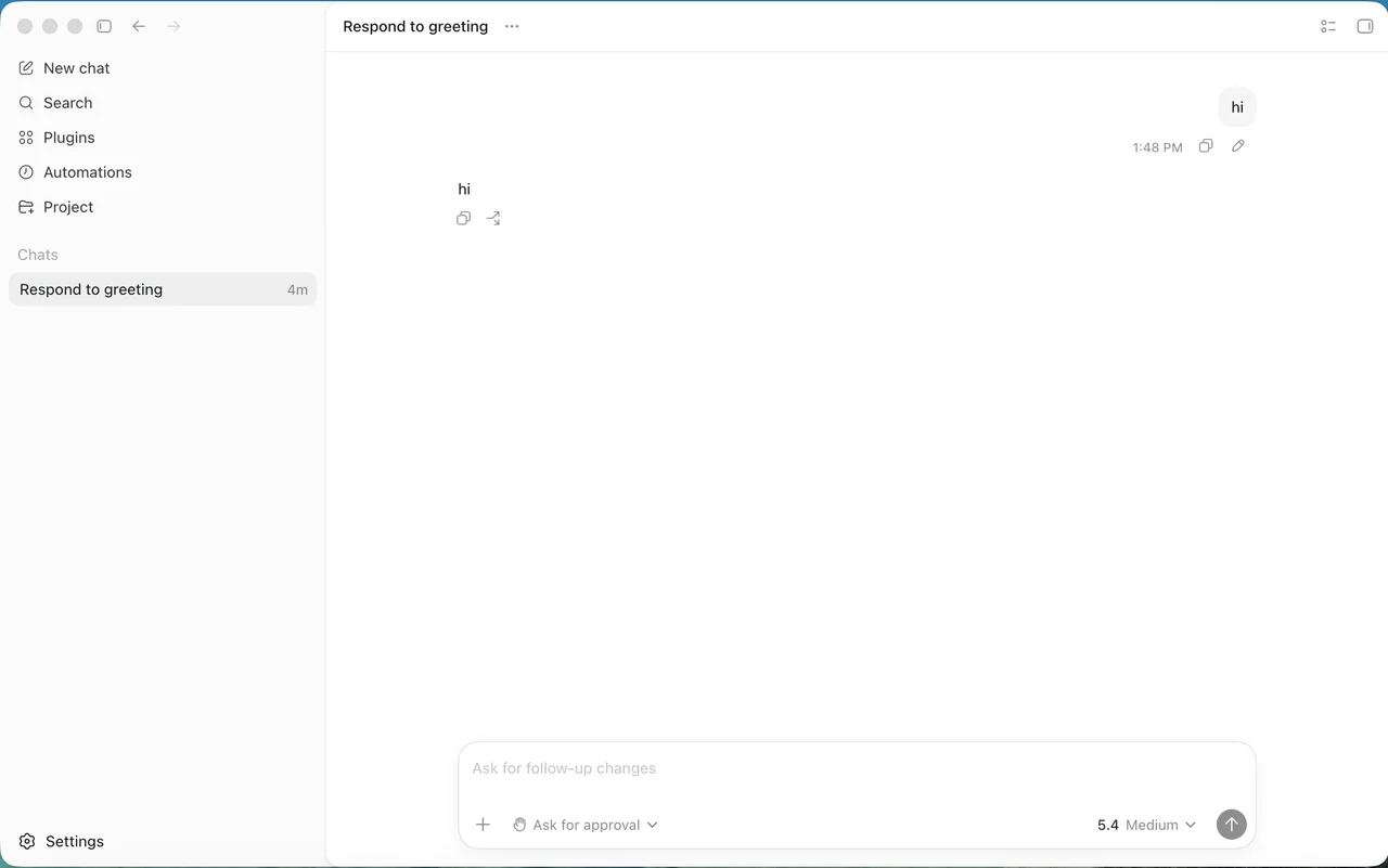 Codex Desktop 截图，展示通过已配置 provider 返回 hi。